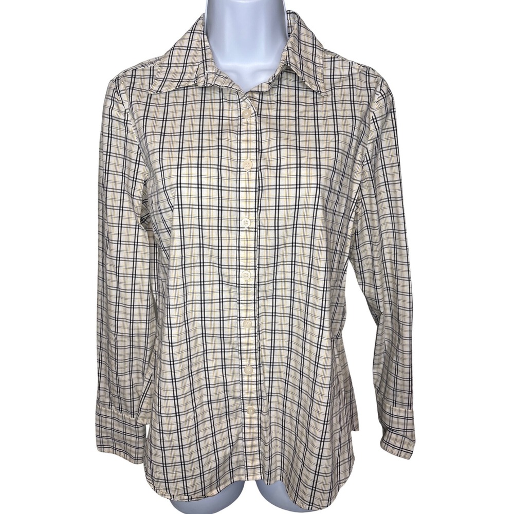 Club Monaco Womens White Black Yellow Plaid Button Down Shirt Sz M Preppy Chic
